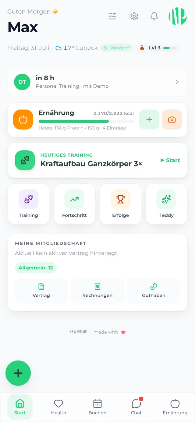New Prime App: Startseite mit nächstem Termin, Ernährungs-Tracking, heutigem Training und Chat
