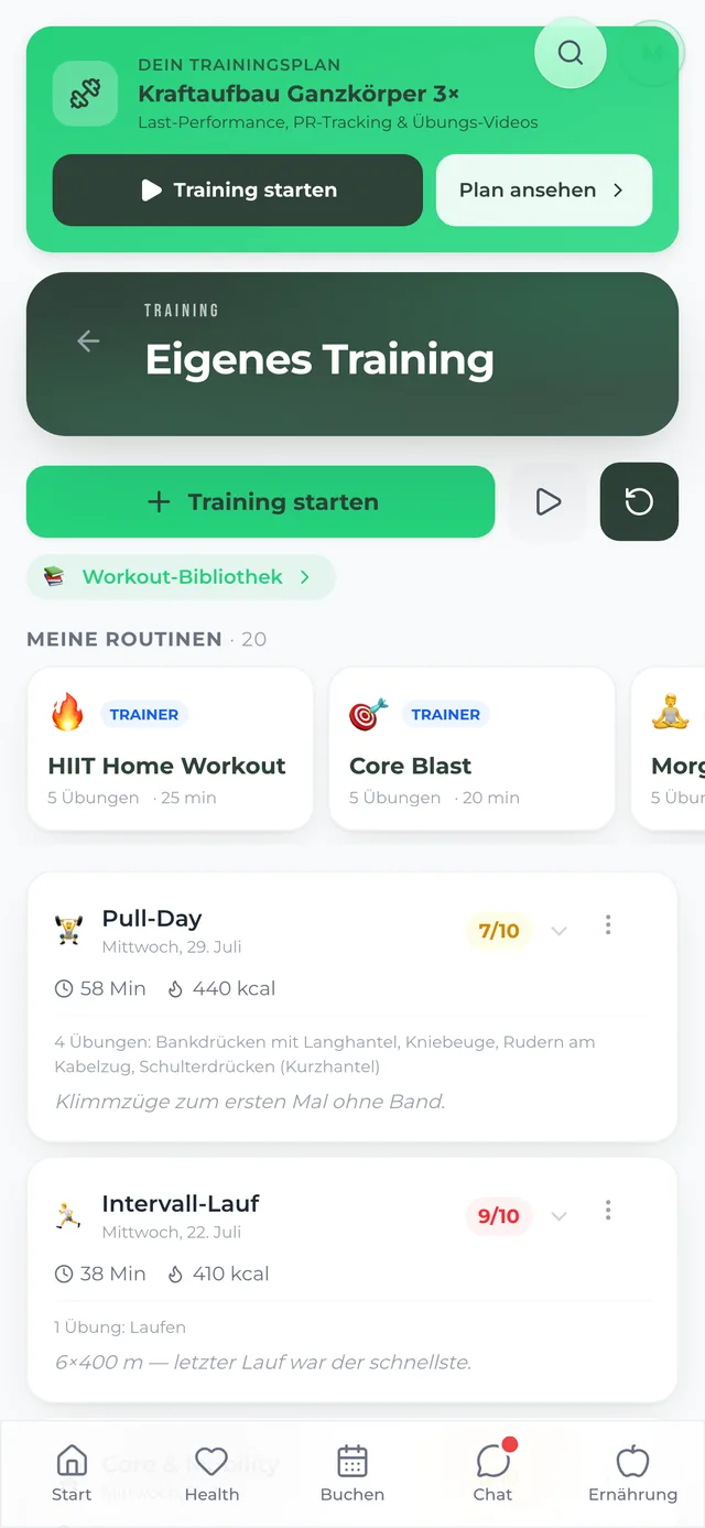 New Prime App: Trainingsplan „Kraftaufbau Ganzkörper“ mit Übungs-Videos, eigenen Routinen und Trainings-Historie