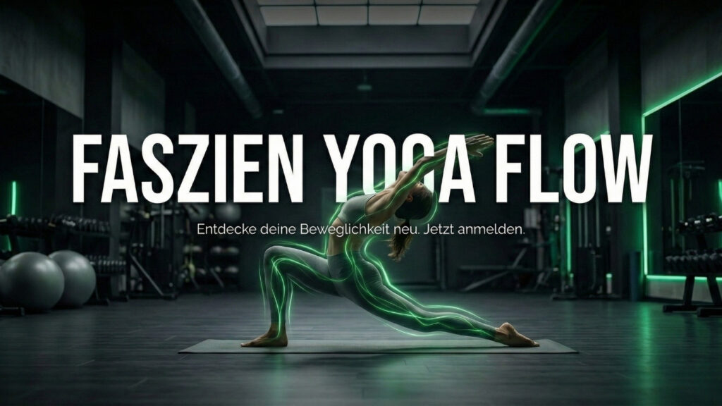 Eine Frau in einem Fitnessstudio nimmt eine Yogastellung auf einer Matte ein, wobei ihr Körper durch leuchtende grüne Linien hervorgehoben wird. Der große Text lautet Faszien Yoga Flow. Kleinerer Text sagt, Entdecke deine Beweglichkeit neu mit Faszien Yoga Lübeck. Jetzt anmelden.